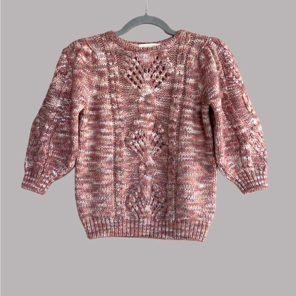 SEZANE Red Mohair Wool Cable Knit Short 3/4 Puff Sleeve Sweater Giulia Jumper XS - Picture 5 of 12
